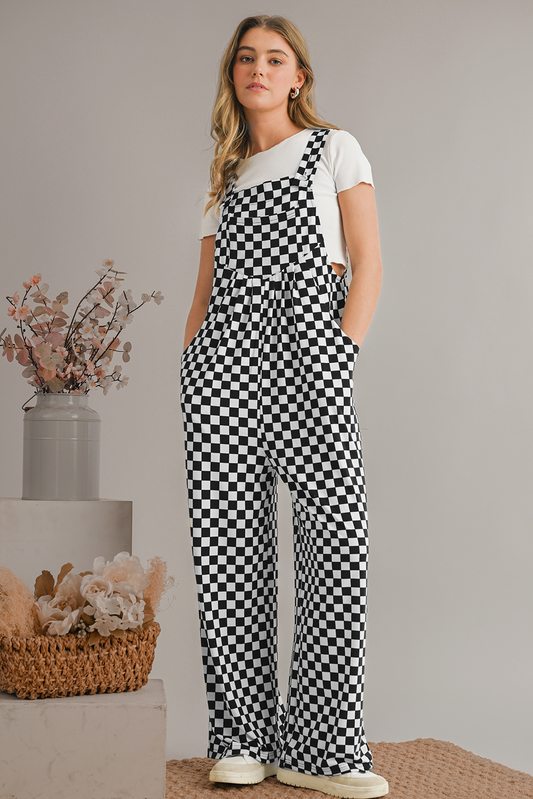 Black and White Checkered Print Pockets Casual Jumpsuit
