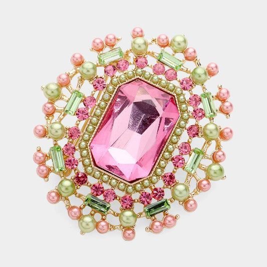 Rectangle Glass Stone Pointed Pearl Embellished Pin Brooch: PINK GREEN