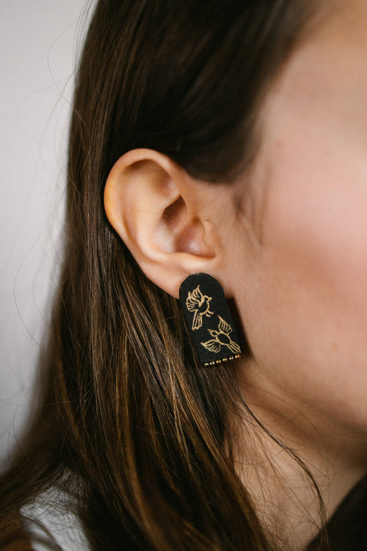 Hand-Painted, Hand-Beaded Fabric Gold Bird Earrings