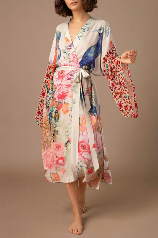 Retro Oriental Peacock Kimono Beach CoverUp Lounge Robe