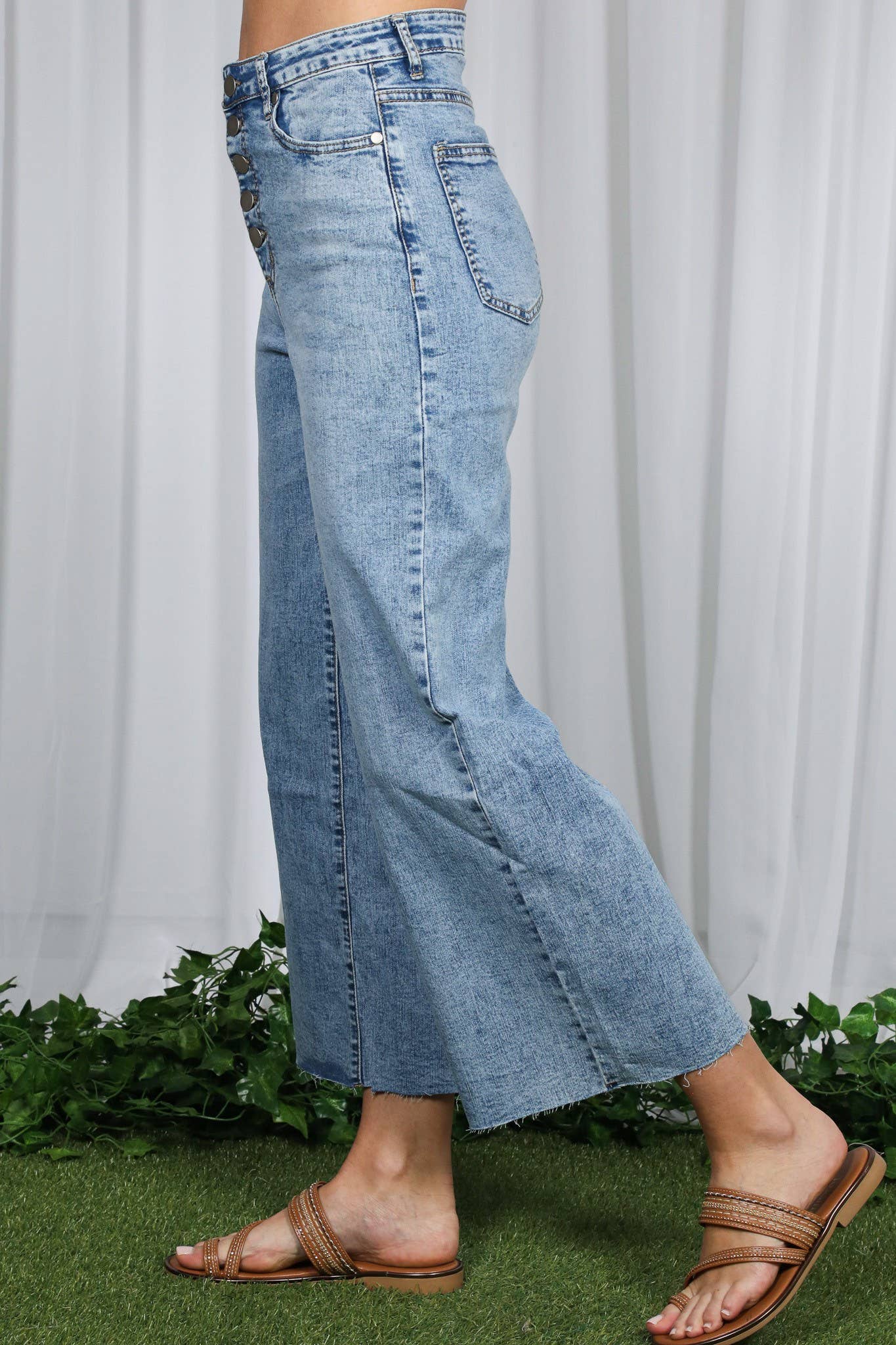Wide Leg Stretchy Casual Buttoned Washed Denim Jean
