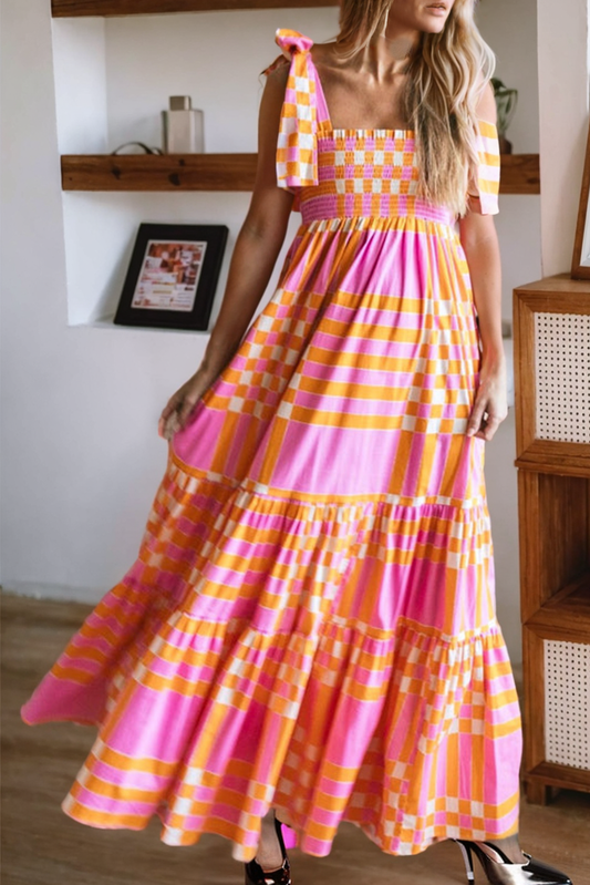 Hot Pink and Orange Boho Plaid Print Tied Straps Smocked Maxi Dress