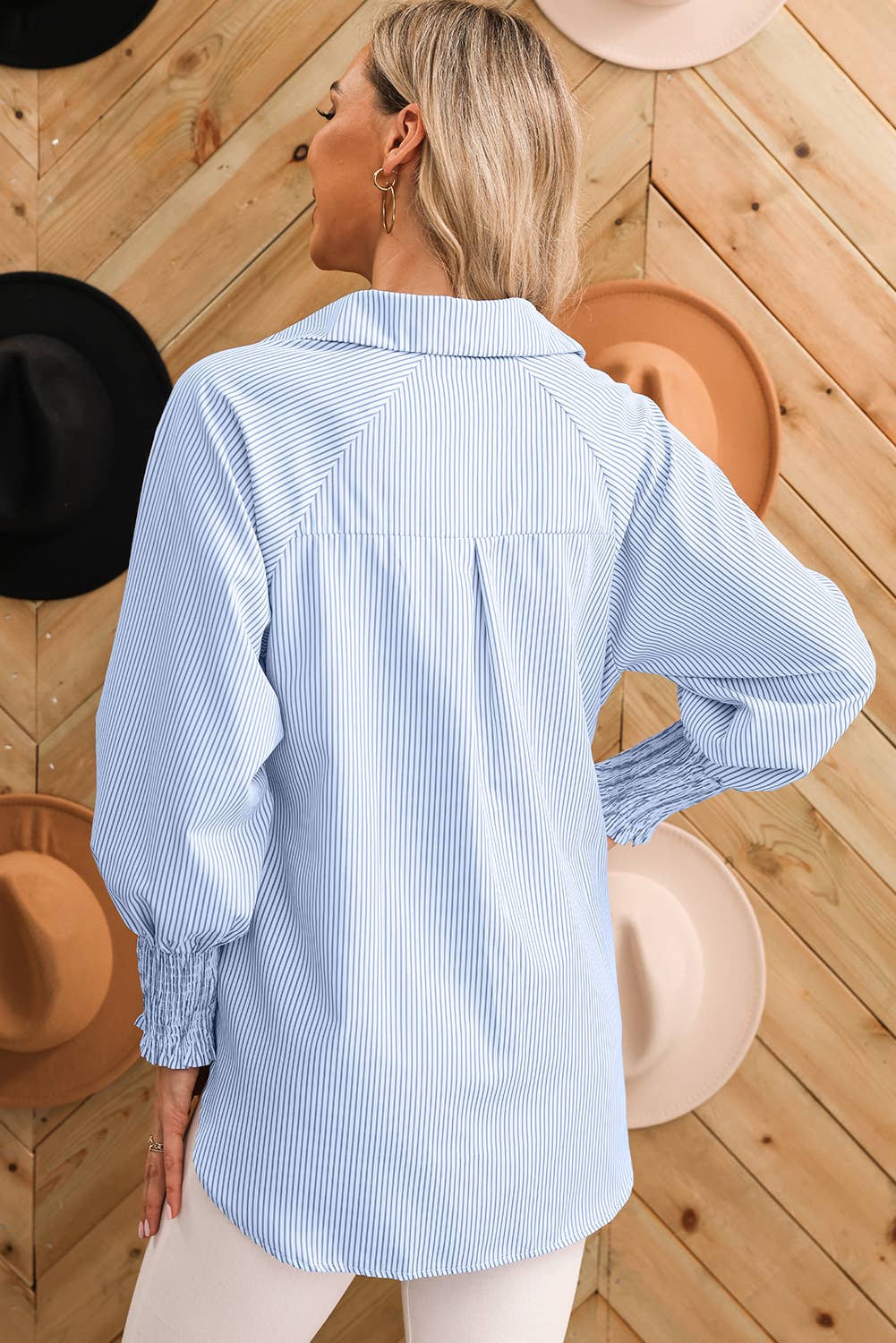 Blue and White Smocked Cuff Striped Boyfriend Shirt with Pocket