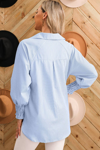 Blue and White Smocked Cuff Striped Boyfriend Shirt with Pocket