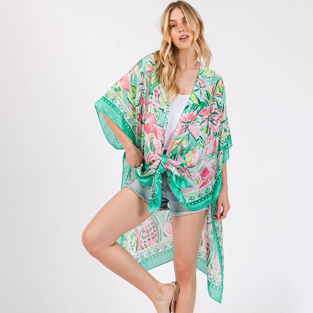 🌸 Flower Print Silky Feel Kimono Poncho – Green