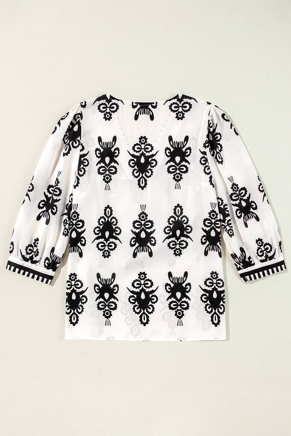 White and Navy Geometric Print 3/4 Sleeve V-Neck Blouse