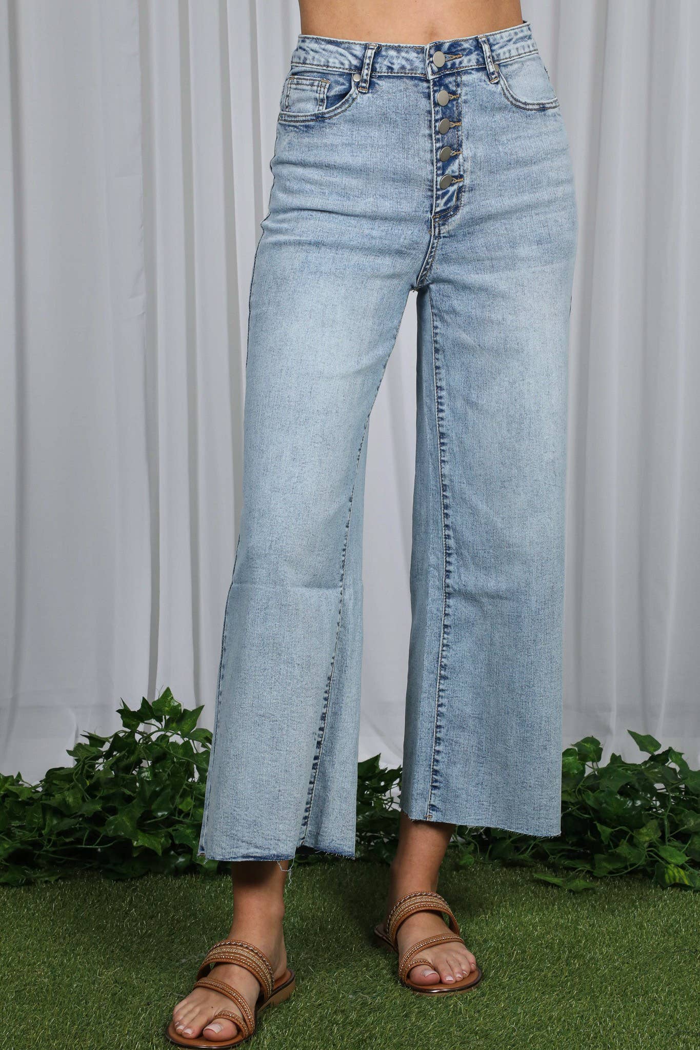 Wide Leg Stretchy Casual Buttoned Washed Denim Jean