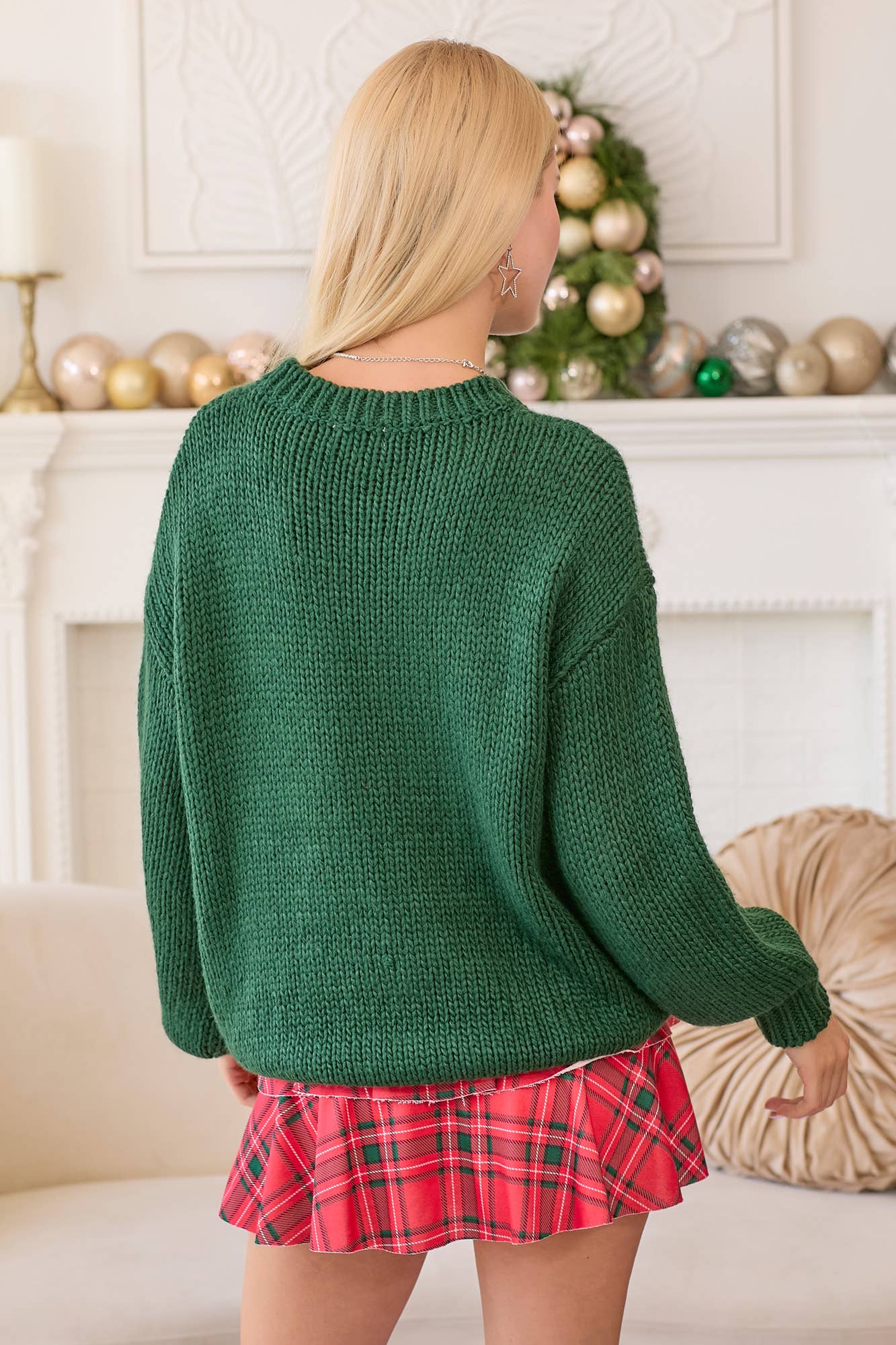 Christmas Sweater With Plaid Ribbon Bow Patch: HUNTER GREEN