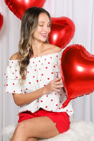 Red & White Heart Print Off-Shoulder Top