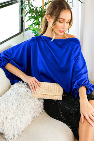 Boat Neck Dolman Puff Sleeve Satin Blouse  - Royal Blue