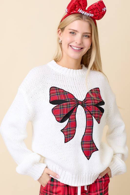 Christmas Sweater With Plaid Ribbon Bow Patch: HUNTER GREEN