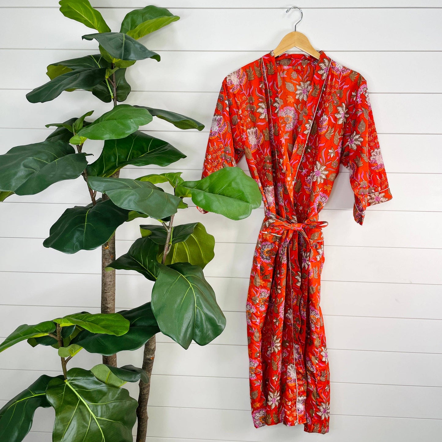 Women's Cotton Kimono Robe | Block Printed | Tangerine Bloom