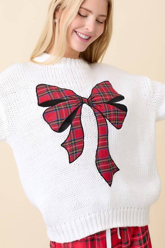 Christmas Sweater With Plaid Ribbon Bow Patch: HUNTER GREEN