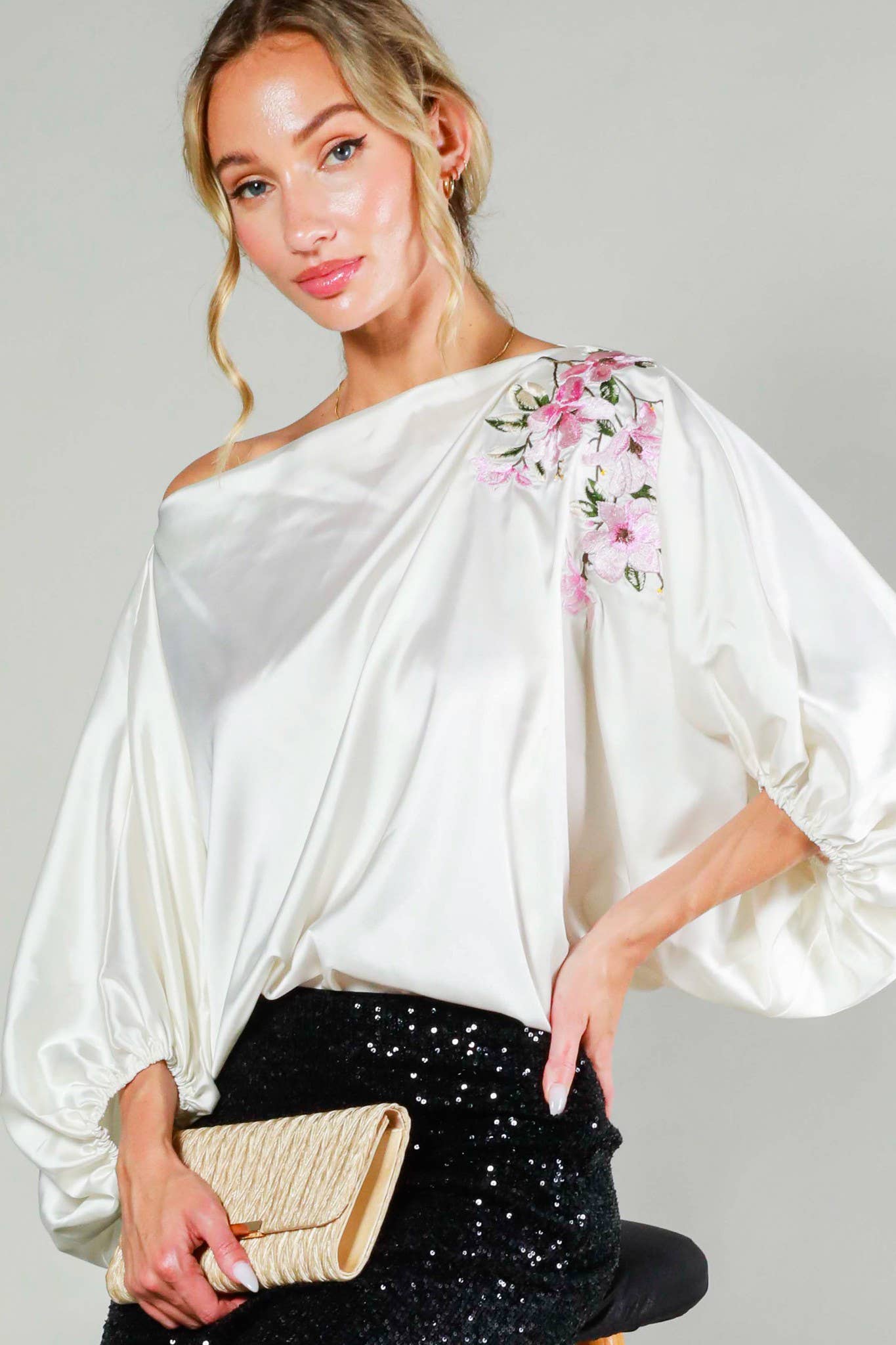 Elegant Champagne Embroidered Boat Neck Blouse