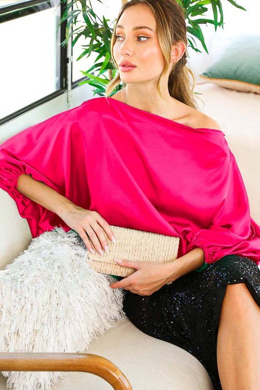 Boat Neck Dolman Puff Sleeve Satin Blouse - Fuchsia
