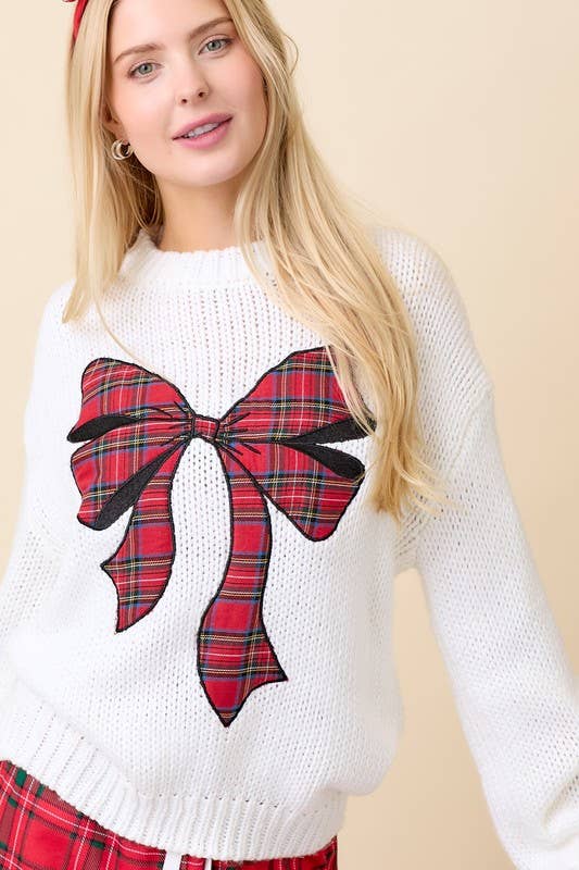 Christmas Sweater With Plaid Ribbon Bow Patch: HUNTER GREEN