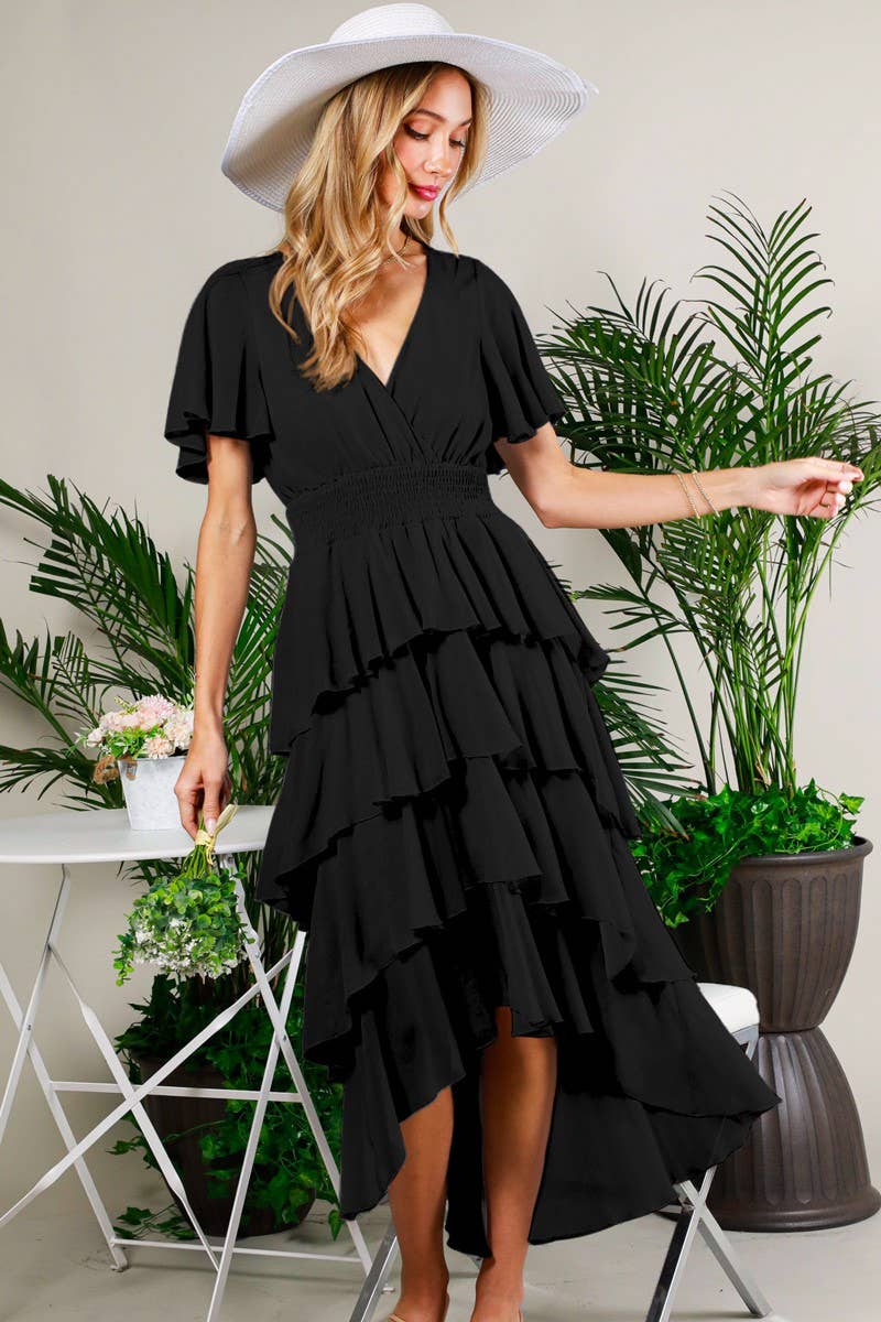 Elegant Black Ruffled Chiffon Midi Dress