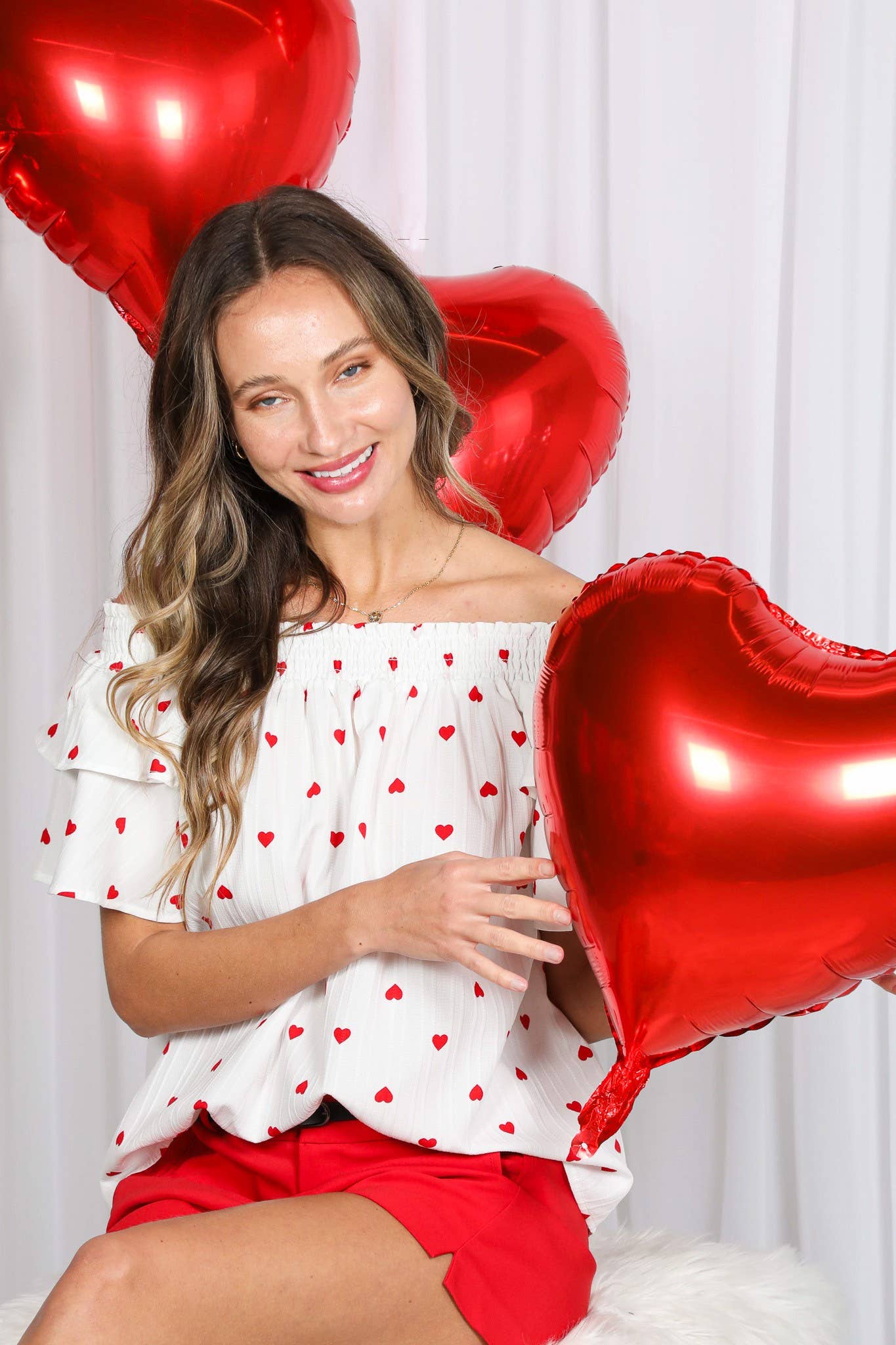 Red & White Heart Print Off-Shoulder Top