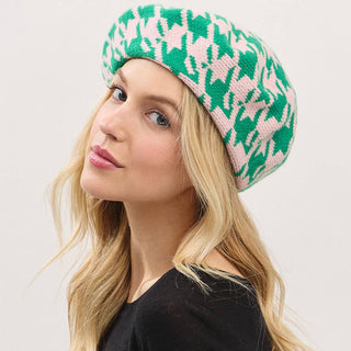 💚💖 Check Me Out Beret – Green & Pink Houndstooth