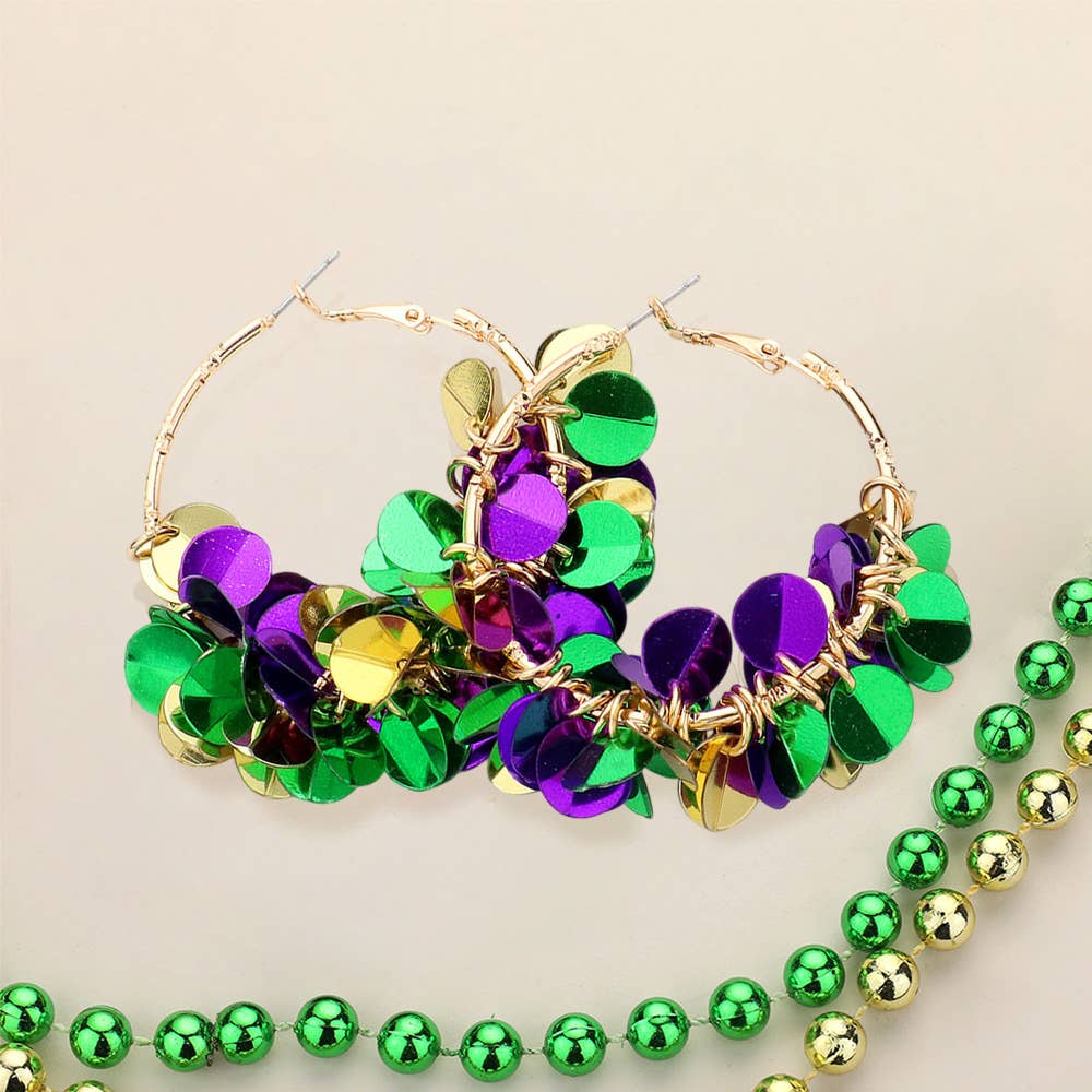 Mardi Gras Sequin Dangle Hoop Earrings