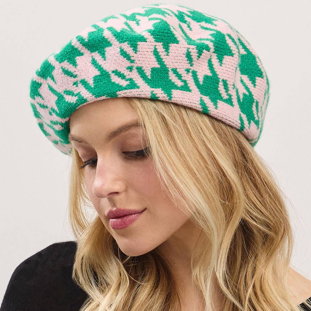 💚💖 Check Me Out Beret – Green & Pink Houndstooth