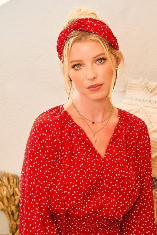 Heart Print Satin Headband: Red