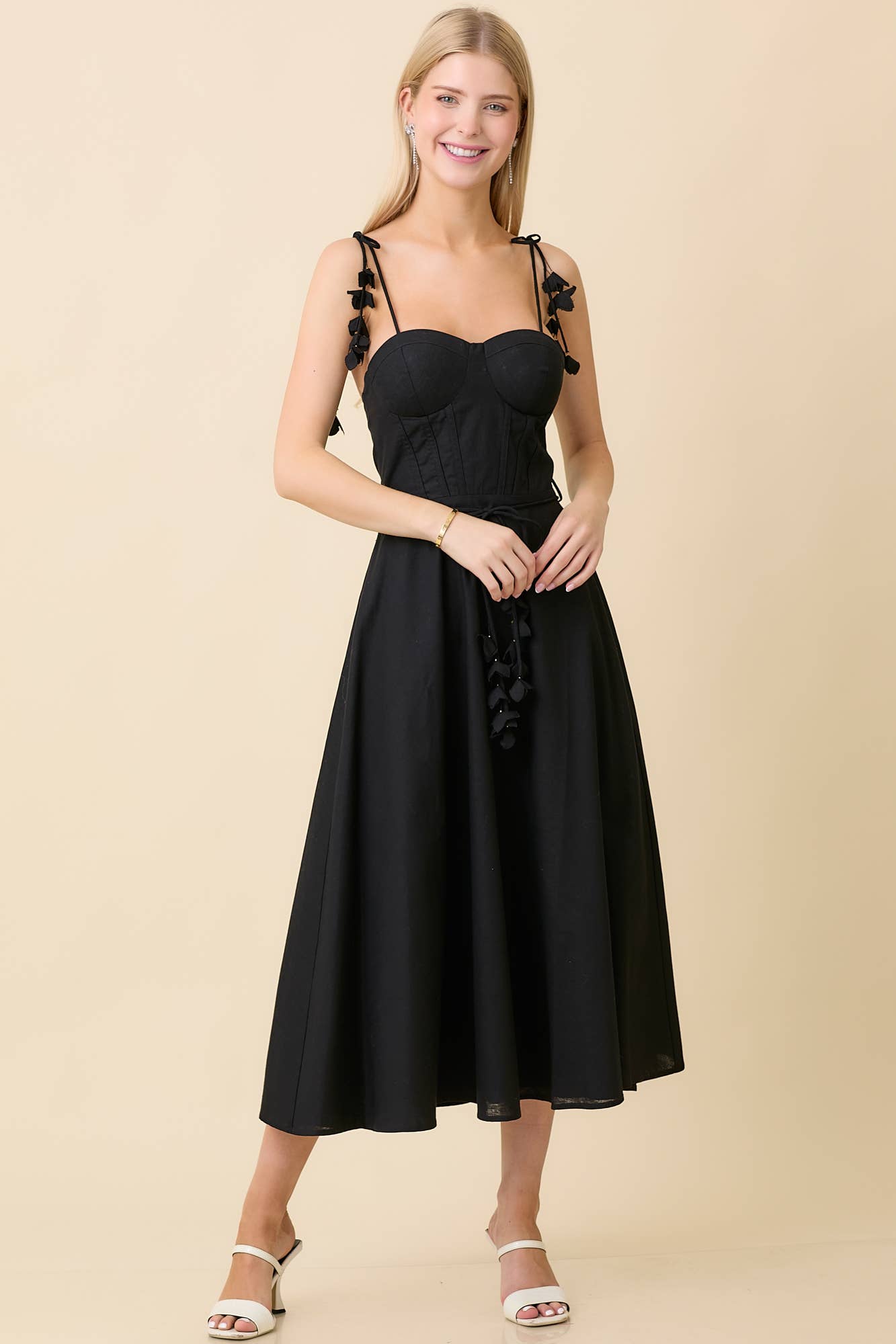 Tie Belt Flare Midi Dress: BLACK