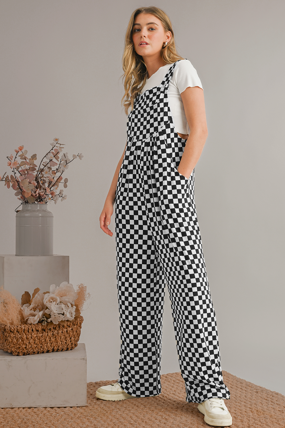 Black and White Checkered Print Pockets Casual Jumpsuit