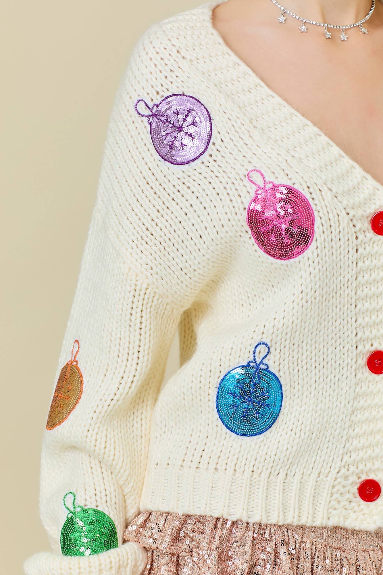 Christmas Sequin Ornament Cardigan: CREAM