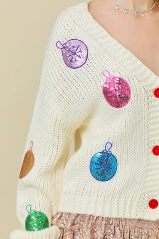 Christmas Sequin Ornament Cardigan: CREAM
