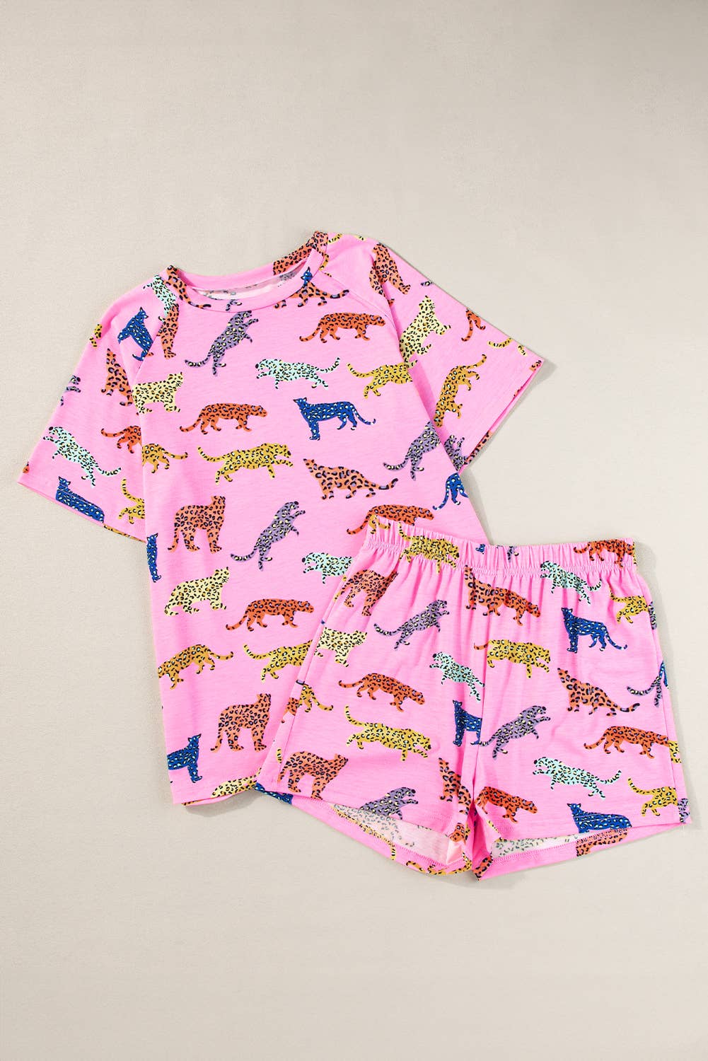 Pink Animal Print  Pajamas 2pcs Shirt & Shorts Set |