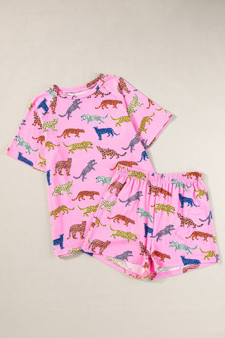 Pink Animal Print  Pajamas 2pcs Shirt & Shorts Set |