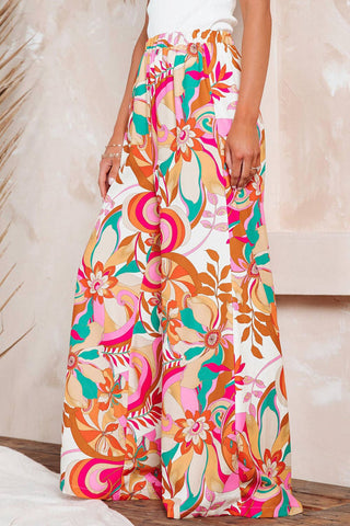 Orange Floral Print Wide Leg Pants: Orange