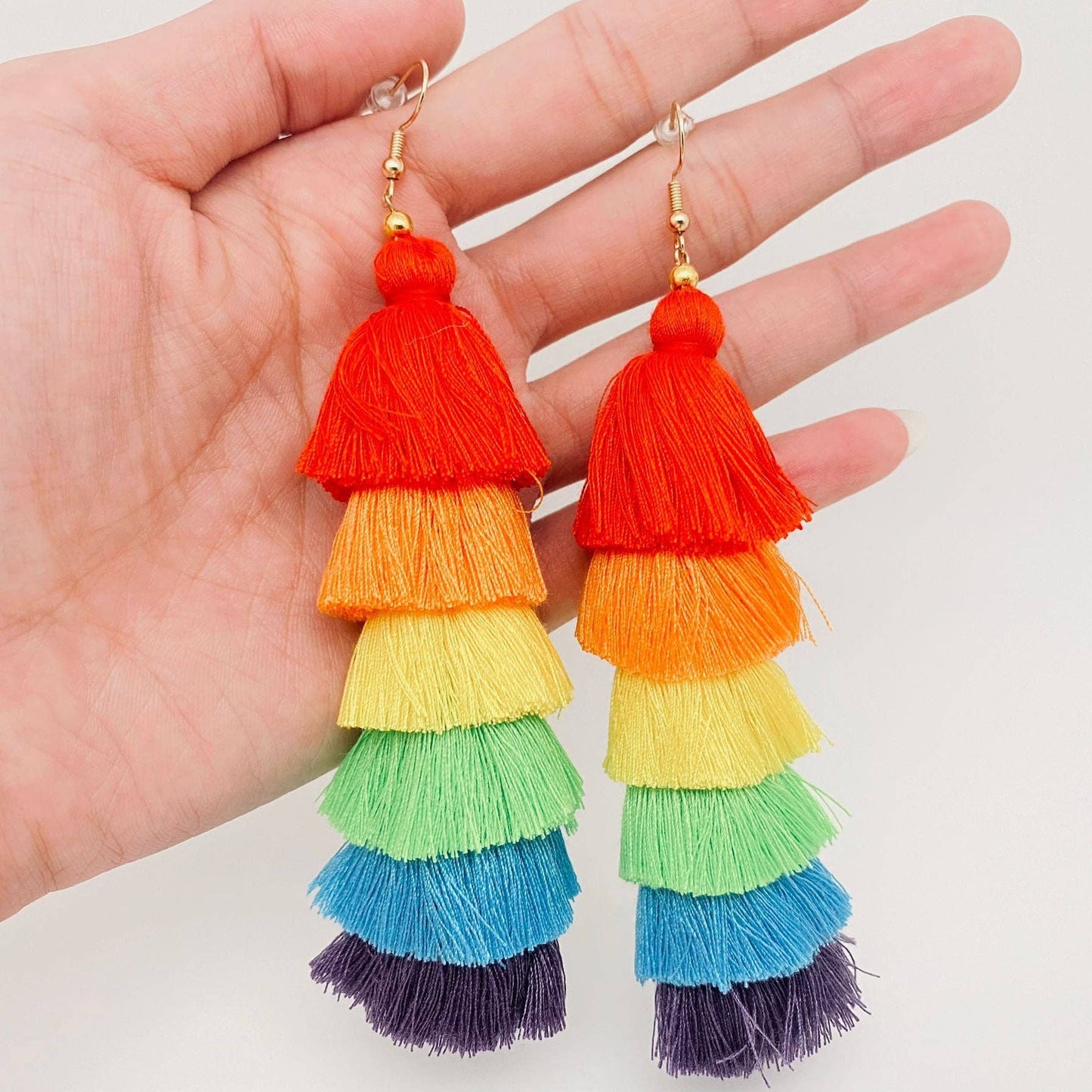 Bohemian Colored Cotton Thread Tassel Earrings: Brights