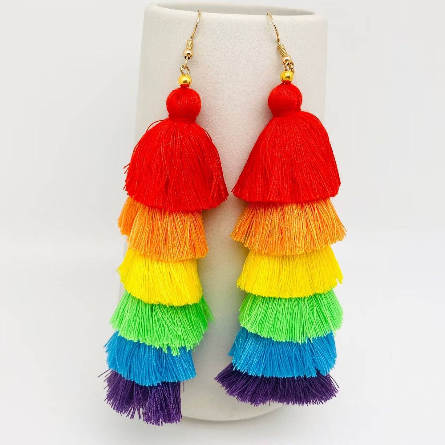 Bohemian Colored Cotton Thread Tassel Earrings: Brights