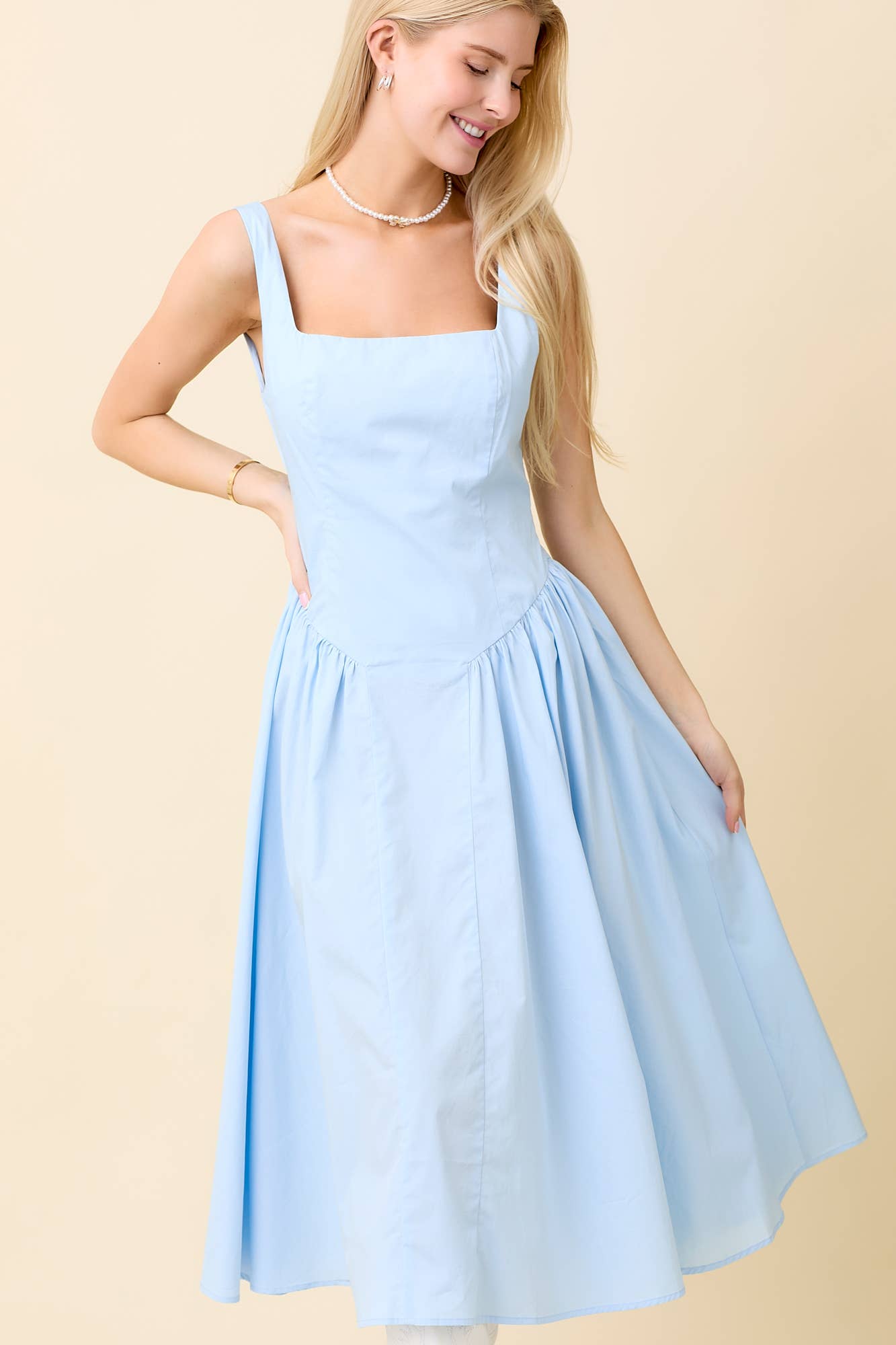 Light Blue Square Neck Midi Dress