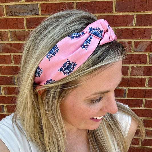 Classic Knot Satin Headband | Pink & Blue Block Print Inspired