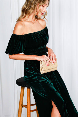 Velvet Dreams Off-the-Shoulder Maxi Dress