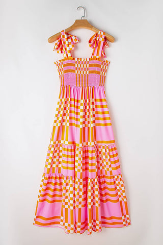 Hot Pink and Orange Boho Plaid Print Tied Straps Smocked Maxi Dress