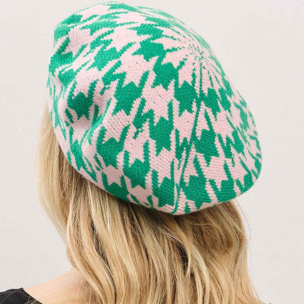 💚💖 Check Me Out Beret – Green & Pink Houndstooth