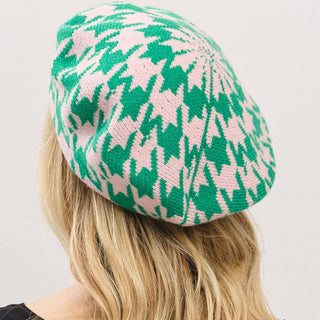 💚💖 Check Me Out Beret – Green & Pink Houndstooth