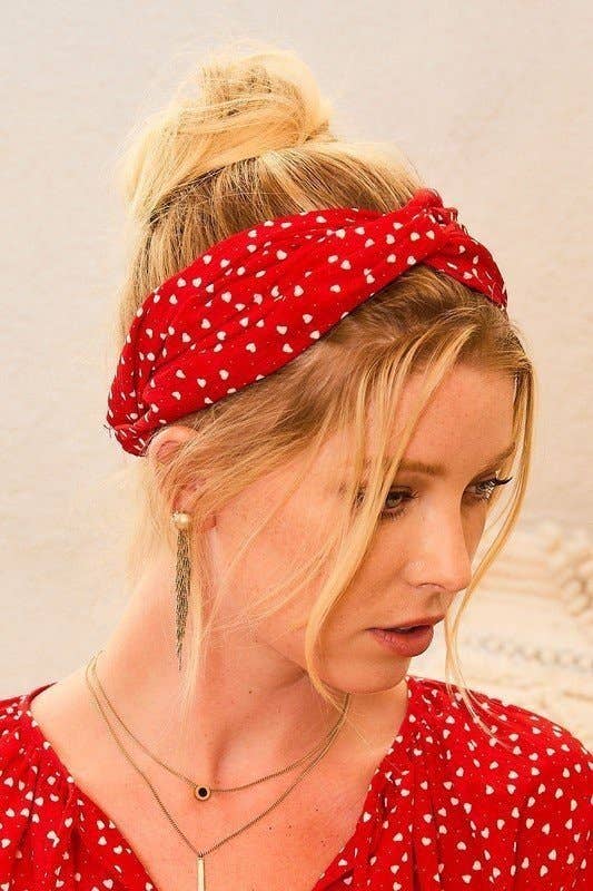 Heart Print Satin Headband: Red