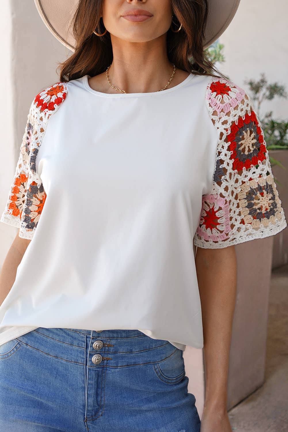 Women Floral Crochet Patchwork Round Neck Top