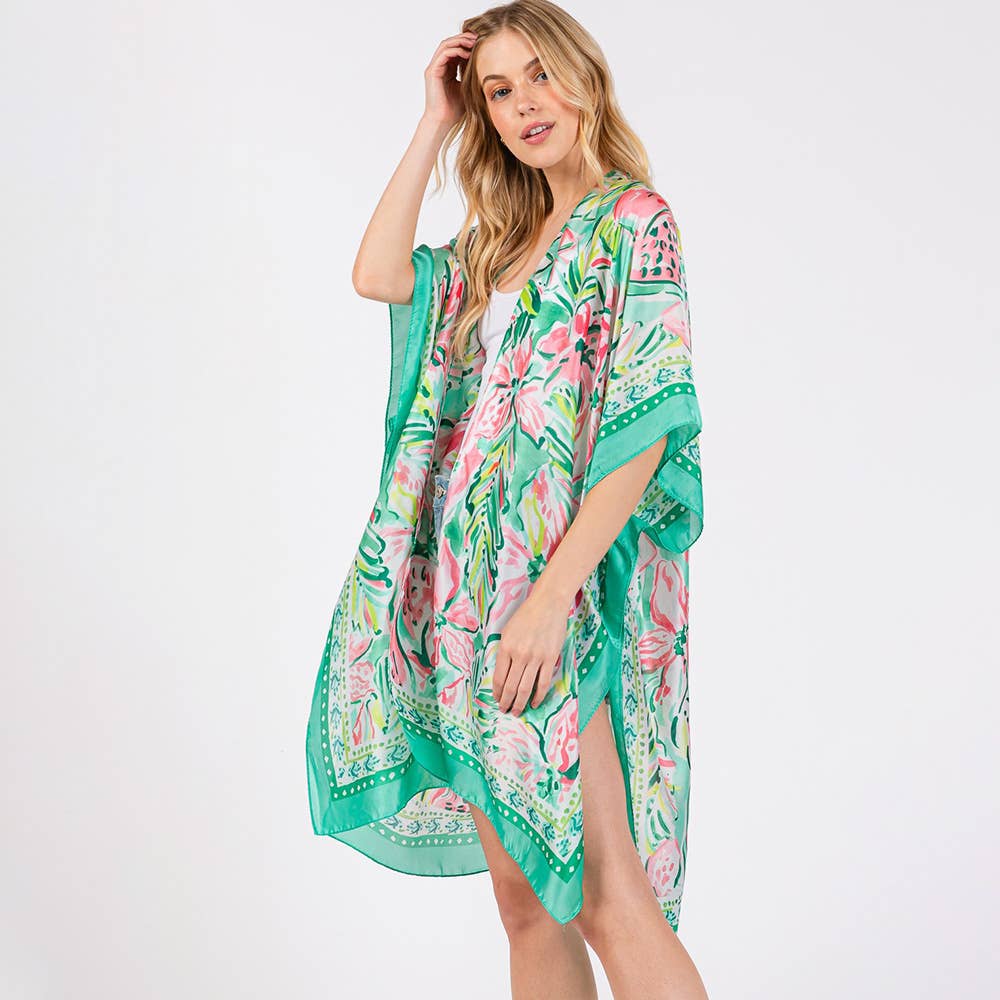🌸 Flower Print Silky Feel Kimono Poncho – Green