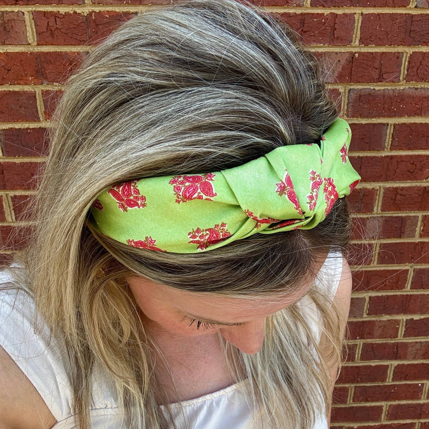 Classic Knot Satin Headband | Green & Pink Block Print Inspired