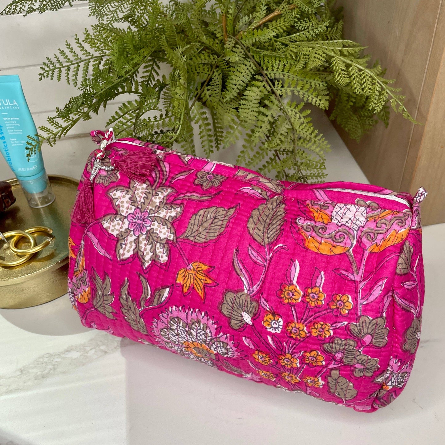 Travel Makeup Toiletry Bag | Quilted Zip-Top | Pink Blossom