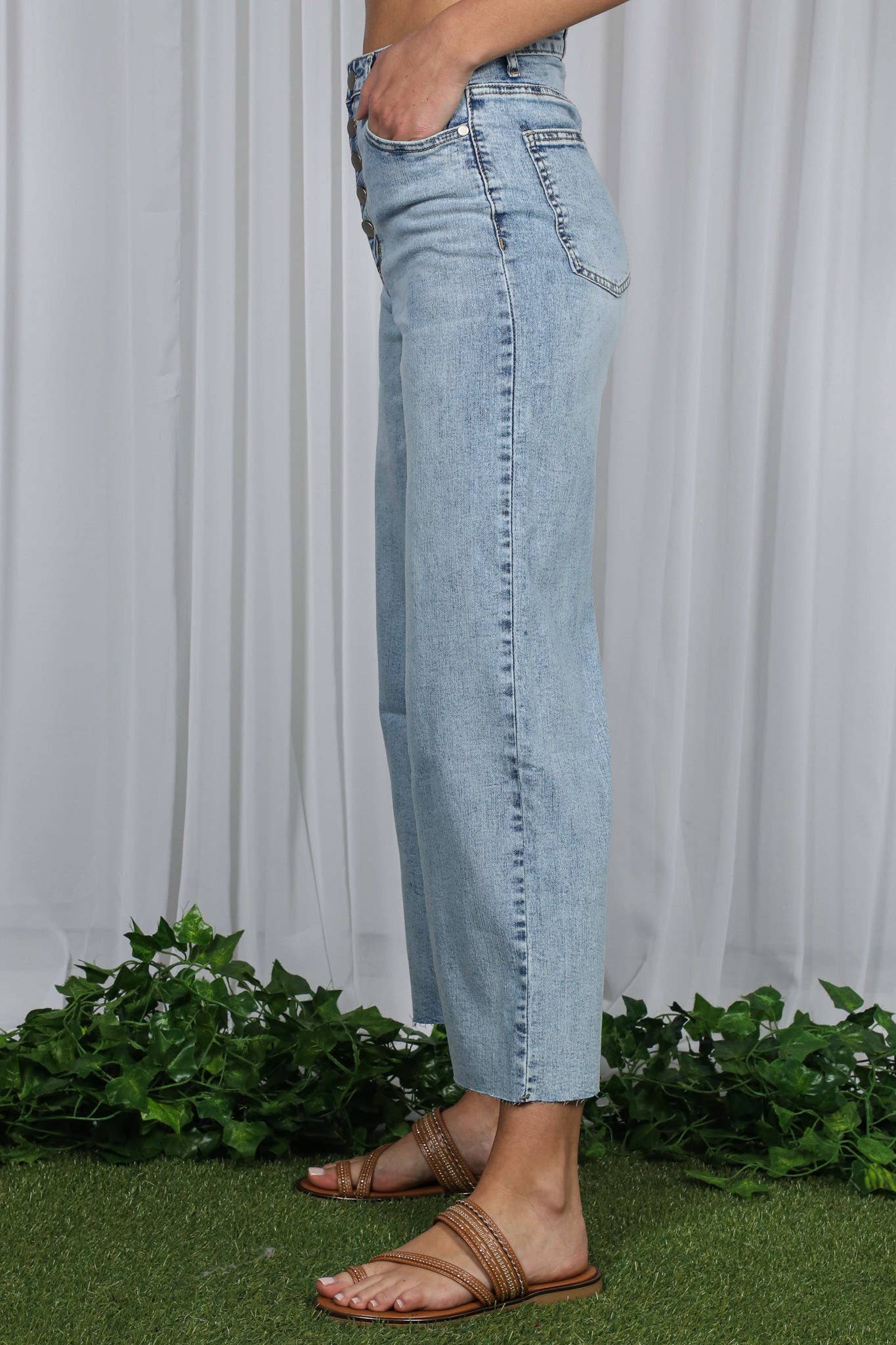 Wide Leg Stretchy Casual Buttoned Washed Denim Jean