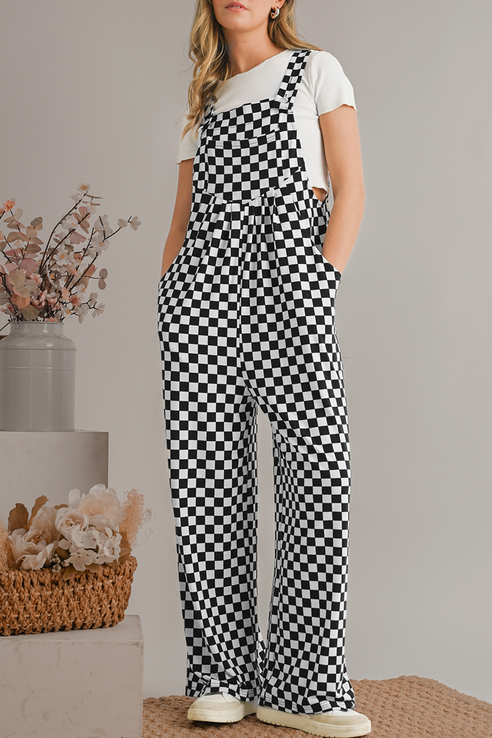 Black and White Checkered Print Pockets Casual Jumpsuit