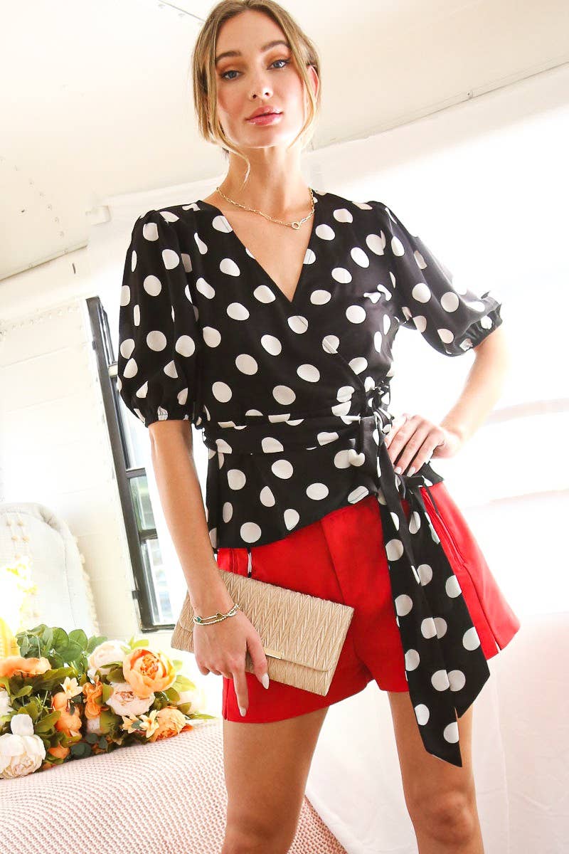 Surplice V-Neck Short Puff Dots Print Blouse