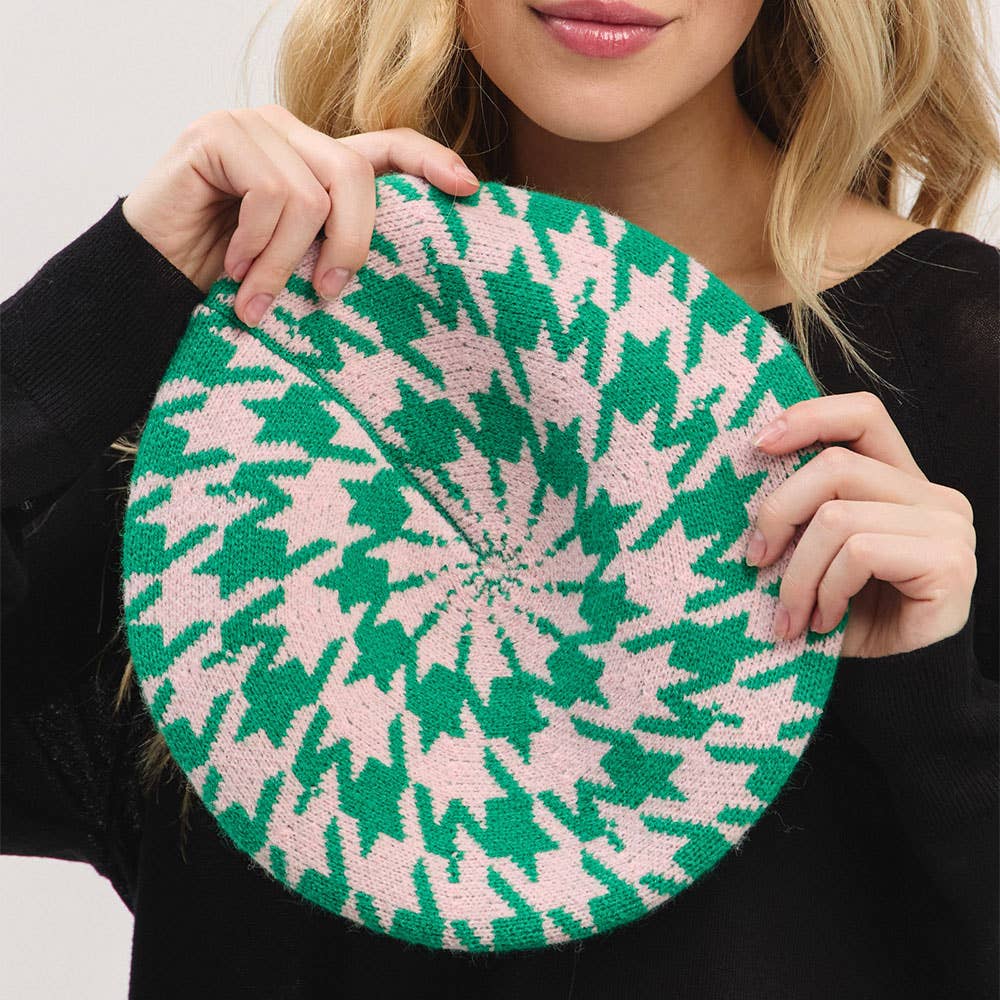 💚💖 Check Me Out Beret – Green & Pink Houndstooth
